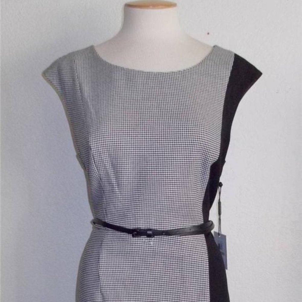 CALVIN KLEIN SIZE 12 HOUNDSTOOTH BLACK APRON SKIRT BELTED WAIST SLEEVELESS DRESS